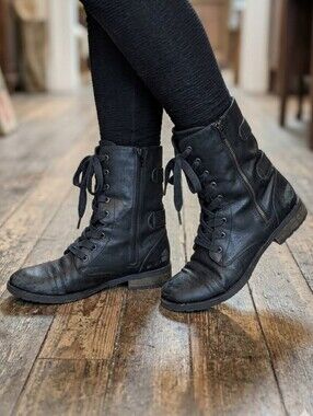 DEPT222 Black Lace-Up Mid-Calf Combat Boots Side-Zip Women's Size 8.5